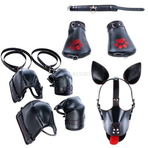 Máscara facial, sujeción de codo y rodilla Perro BDSM