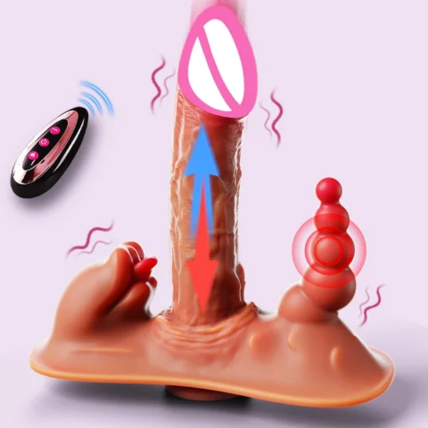 Dildo grueso para montar 3 en 1 con funciones de empuje, vibración y lamido.